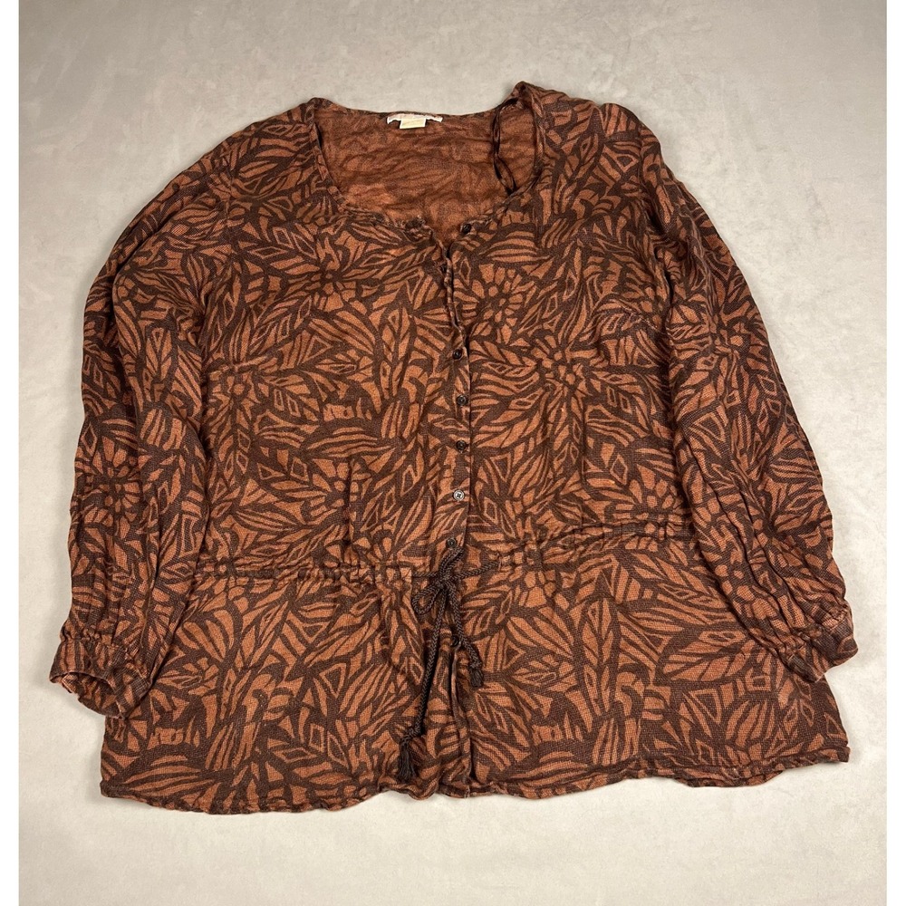 Michael Michael Kors Brown Botanical Leaf Button Front Drawstring Blouse 2X